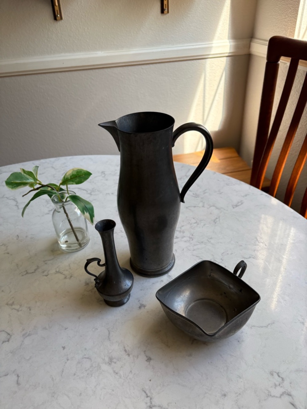 Vintage 1940s Pewter Pitcher & Vases Set - Matte Dark Pewter set of 4